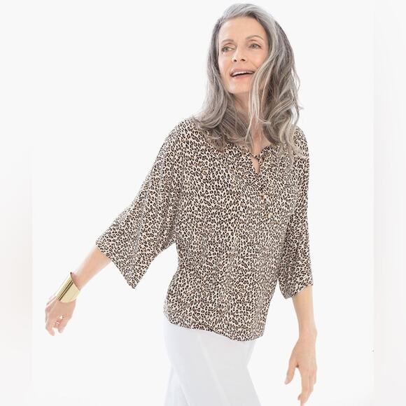 CHICO’S | Petite Leopard Print Grommet Lace-Up Knit Top | Size 2 Large - Picture 2 of 10